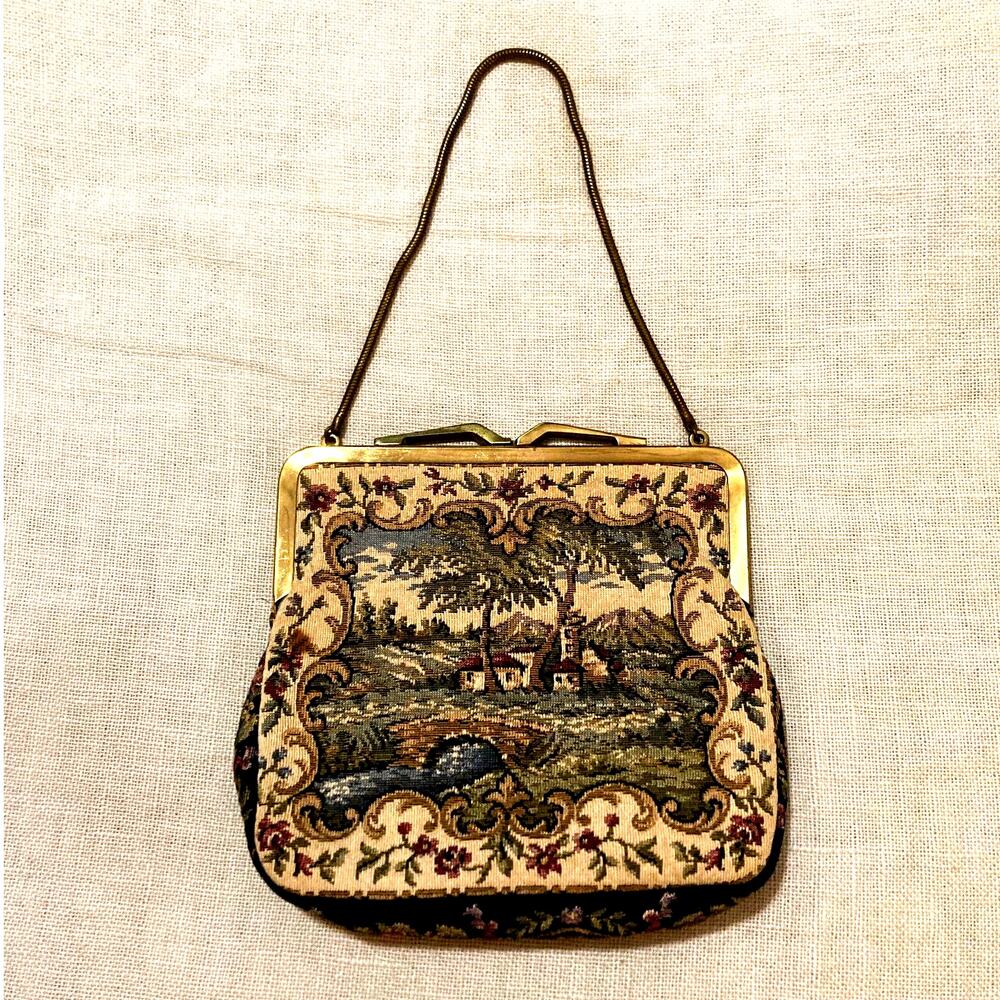 1950s Petit Point Tapestry Purse | West Germany | Gold Snake Chain